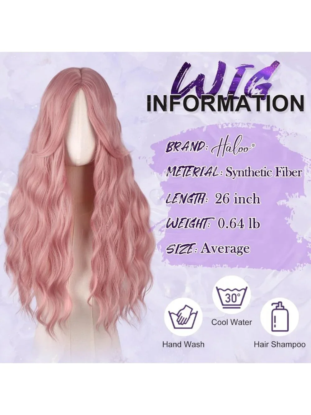 Women's Pink 26 Inch Heat Resistant Curtain Bangs Long Wavy Wigs